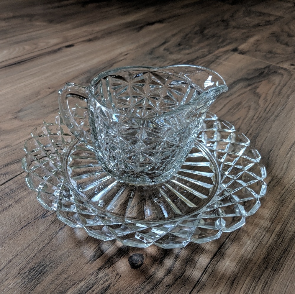 Early 1900's Etched Crystal Creamer + Dish